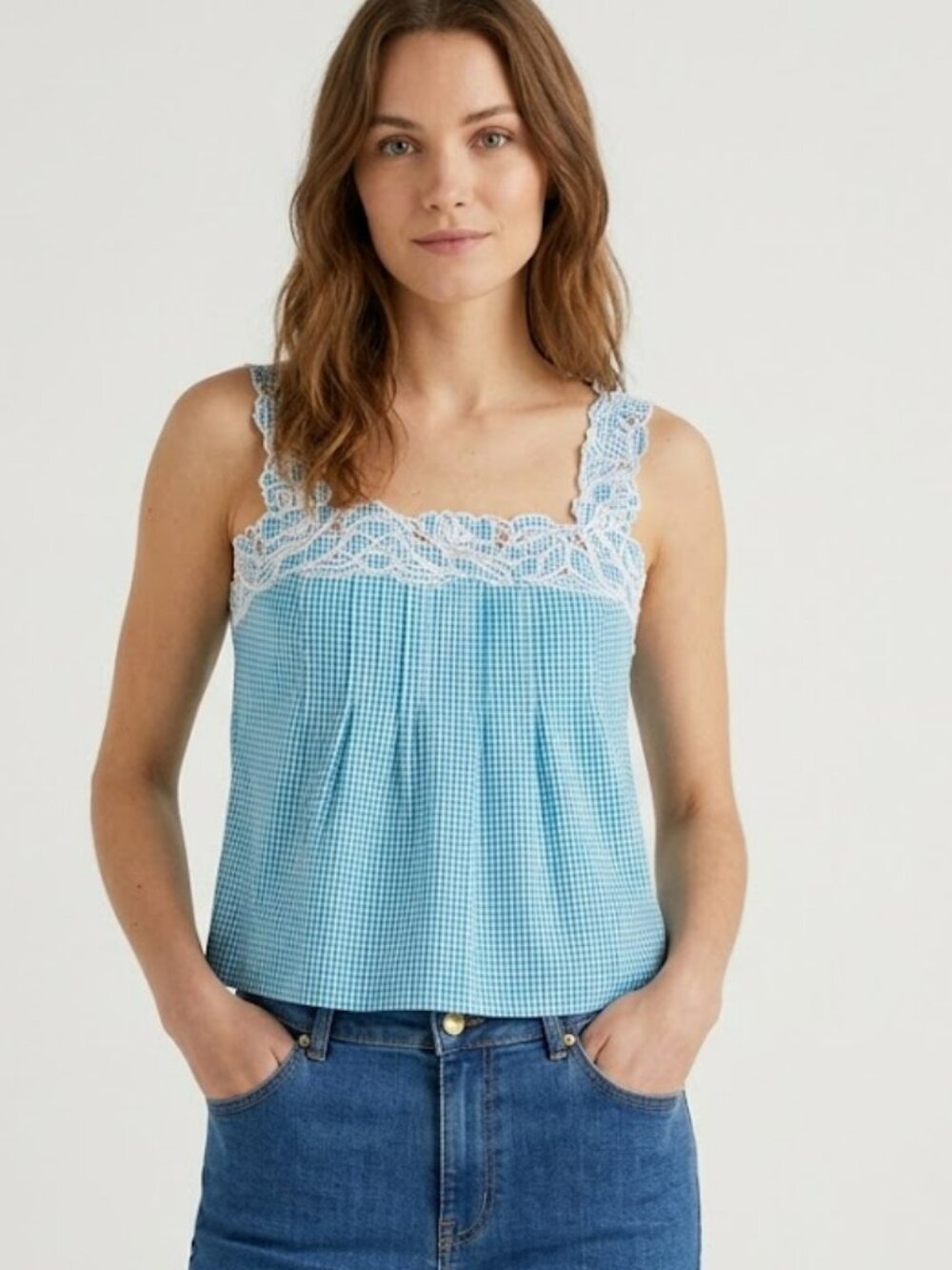 J. Crew Embroidered Lace-Trim Tank Top in Gingham Compact Poplin